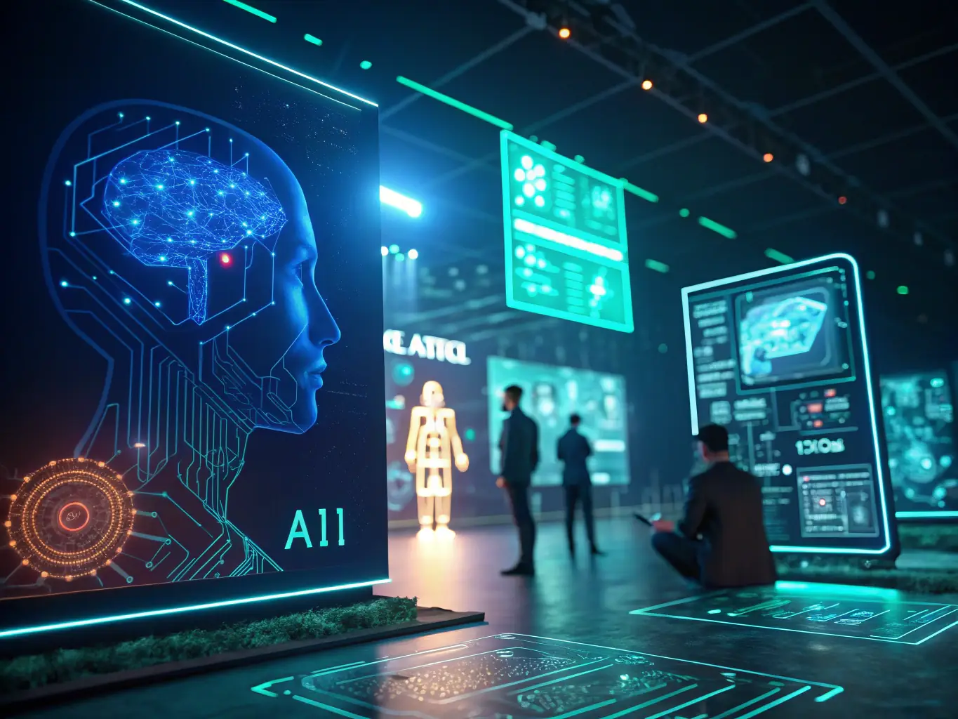 An illustration of interconnected AI modules working seamlessly within a construction site, showcasing AI Ecosystem Design.