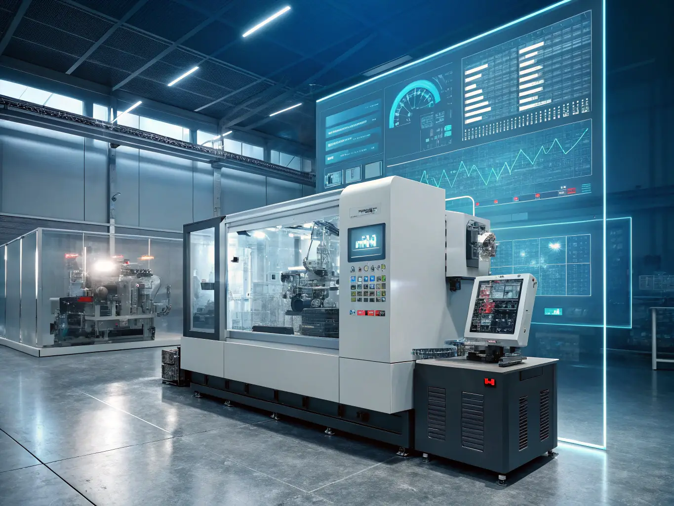 A high-tech construction machinery with AI sensors and data analytics overlay, representing Predictive Maintenance Solutions.