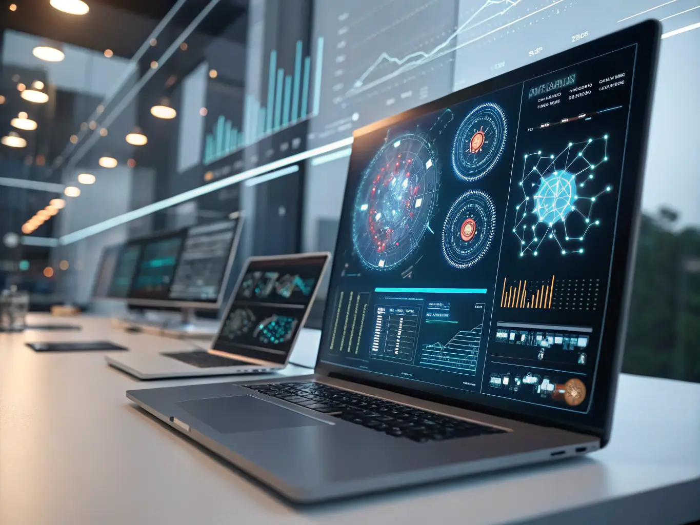 A 3D building model with AI-based optimization overlays, symbolizing AI-Driven Design Optimization.