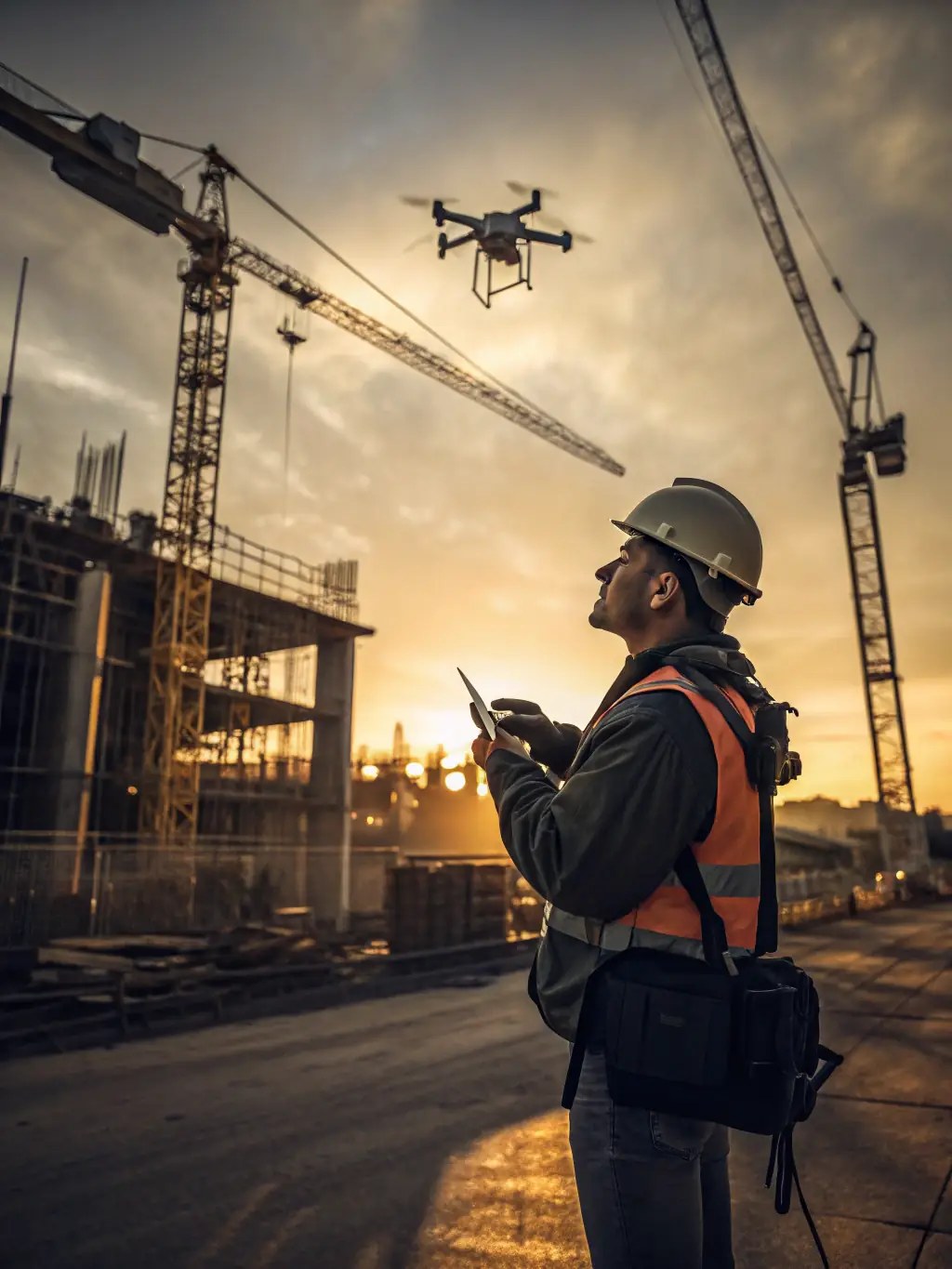 A construction site where AI-powered drones are surveying the area, ensuring safety and efficiency.