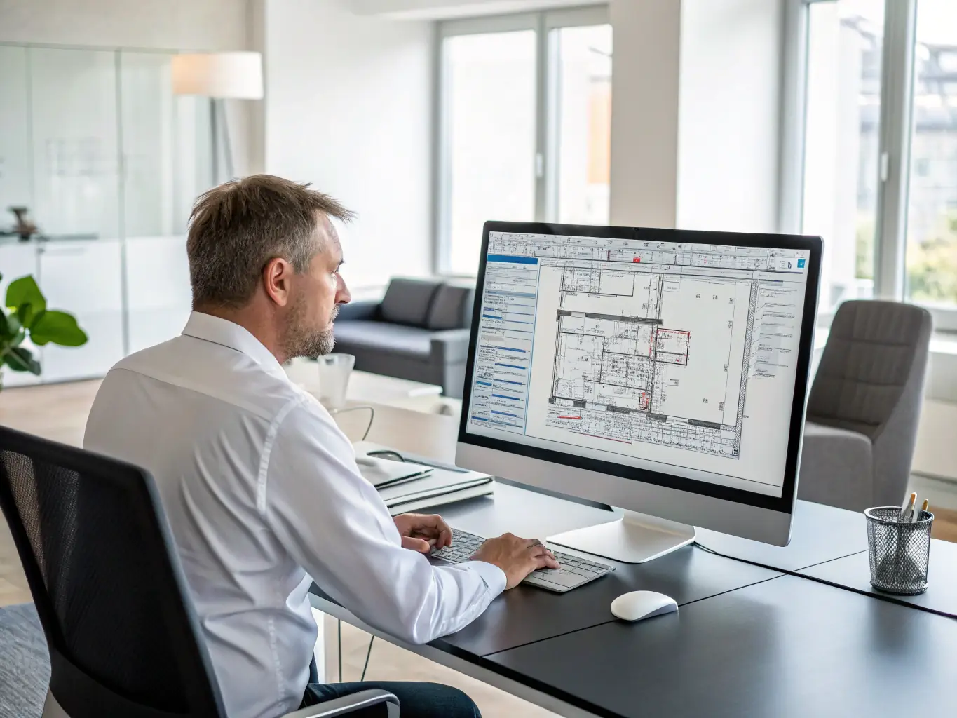 An architect using AI-powered design software to optimize a building plan, illustrating the agency's approach to custom AI solution design.